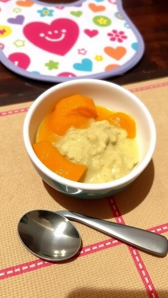 A bowl of quinoa and sweet potato puree for a baby, with a spoon and a colorful placemat.